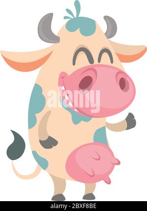 Cartoon niedlichen weiß gefleckte Kuh stehend und lachen. Vektor-Illustration eines Kuh-Symbol Maskottchen isoliert auf weiß. Ideal für Print, Banner oder Kinder Stock Vektor