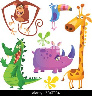 Cartoon afrikanischen Savanne Tier Set. Große Sammlung von Cartoon Dschungel Tiere. Vektorgrafik. KrokodilAlligator, Giraffe, Affe Schimpanse, zu Stock Vektor