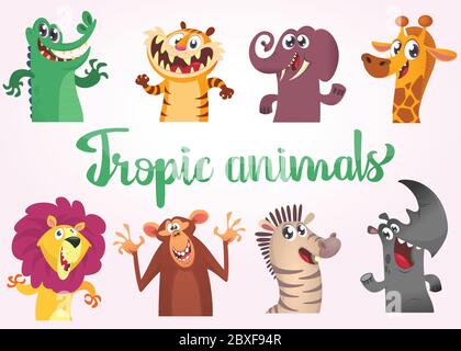 Cartoon tropische wilde Tiere Set. Vektorgrafiken von afrikanischen Tieren. Krokodilalligator, Tiger, Elefant, Giraffe, Löwe, Affe Schimpanse, zebr Stock Vektor