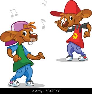 Vektor-Set von Hip-Hop tanzenden Mäuse.Illustration von Hip-Hop Tänzerin Maus in ausgefallenen Kleidern Stock Vektor