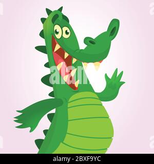Cool Cartoon Krokodil oder Dinosaurier. Vektorgrafik eines grünen Krokodils winkend und präsentieren. Isoliert auf weiß. Toll für Animation Stock Vektor