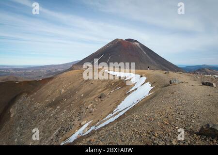 Blick auf den Berg Ngauruhoe in der Ferne mit einer Person auf der Strecke auf dem Tongariro Alpine Crossing Stockfoto
