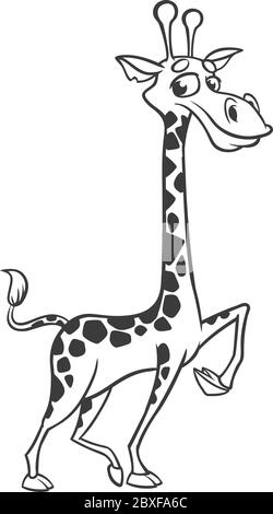 Malvorlagen. Tiere. Cartoon von ein wenig niedlichen Giraffe steht und lächelt. Skizzierte Strichkunst. Vektorgrafik Stock Vektor