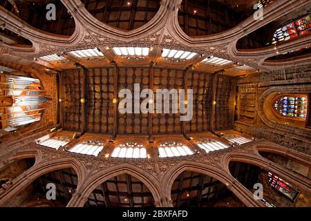 Das Schiff der Manchester Cathedral mit den prächtigen Bogenwänden und Fenstern, der robusten Holzdecke, die von vierzehn musikalischen Engeln getragen wird Stockfoto