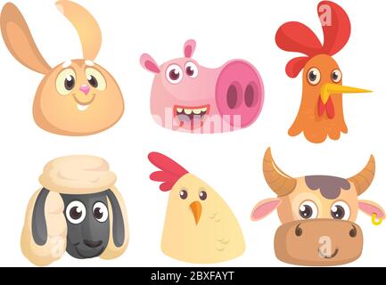 Set von Cartoon Bauernhof Tiere Kopf Symbole. Vektorsammlung von Nutztieren. Kaninchen, Schwein, Hahn, Schaf, Huhn, Kuh. Designelemente isola Stock Vektor
