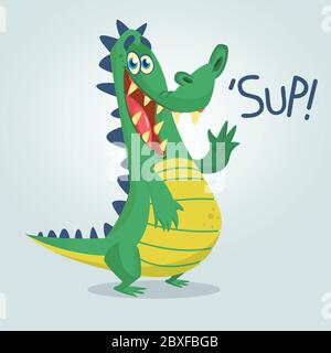 Cool Cartoon Krokodil oder Dinosaurier. Vektorgrafik eines grünen Krokodils winkend und präsentieren. Isolierter Hintergrund. Toll für Animation Stock Vektor