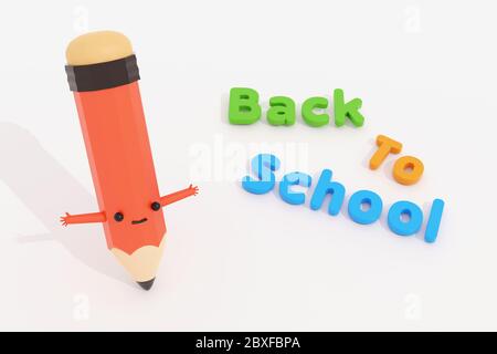 Zurück zur Schule Text mit Bleistift Cartoon-Figur, 3d-Illustration Objekt. Stockfoto