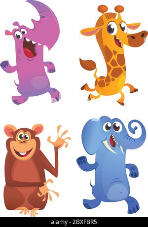 Cartoon animals set. Vector set of animals icons isolated on white. Vector illustration of rhino, giraffe, monkey chimpanzee and elephant Stock Vektor