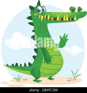 Nette Cartoon Krokodil Charakter. Wild Jungle Tiersammlung. Babyschulung. Isoliert. Einfache Natur Hintergrund. Vektorgrafik Stock Vektor