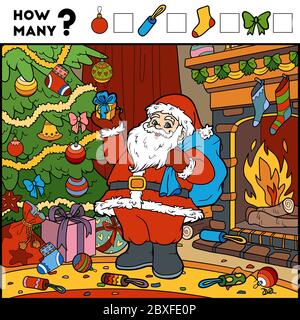 Zählspiel für Kinder im Kindergarten. Pädagogische ein mathematisches Spiel. Zählen Sie die Zahlen im Bild und schreiben Sie das Ergebnis. Weihnachtsmann und Backgrou Stock Vektor