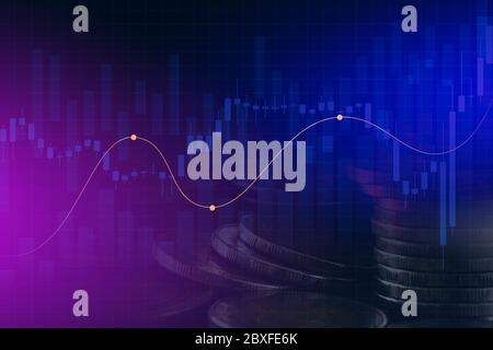 Doppelte Belichtung von Graphen und Münzreihen für Finanz- und Geschäftskonzept. Stockfoto