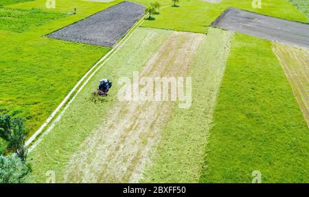 Traktor mit Zettwender - Luftansicht Stockfoto