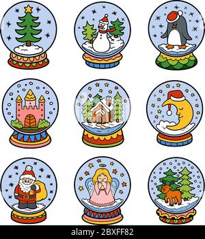 Vektor-Farbset von Schneebällen, bunte Weihnachtsaufkleber Stock Vektor
