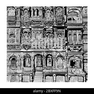 Fassade des alten Hauses mit Balkonen in Jodhpur, Indien - Vektor-Illustration (ideal für den Druck auf Stoff oder Papier, Poster oder Tapete, Haus decorati Stock Vektor