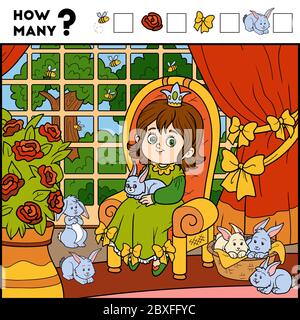 Zählspiel für Kinder im Kindergarten. Pädagogische ein mathematisches Spiel. Zählen Sie, wie viele Elemente und schreiben Sie das Ergebnis! Prinzessin und Hintergrund Stock Vektor
