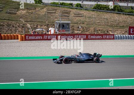 MONTMELLO, SPANIEN-10. MAI 2019: Mercedes AMG F1 W10 EQ Power+ Formel-1-Rennwagen (Fahrer: Lewis Hamilton) Stockfoto