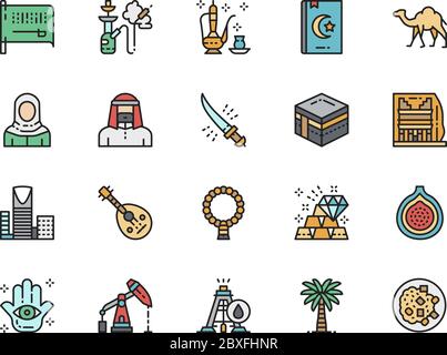 Satz von Saudi-Arabien Farblinien-Symbolen. Shisha, Holy Book, Kamel, Mekka und mehr. Stock Vektor