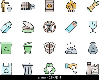 Satz von Farbsymbolen für die vermüllte Farblinie. Abfallfabrik, Müllwagen, Container und mehr. Stock Vektor