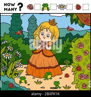 Zählspiel für Kinder im Kindergarten. Pädagogische ein mathematisches Spiel. Zählen Sie, wie viele Elemente und schreiben Sie das Ergebnis! Prinzessin und Hintergrund Stock Vektor