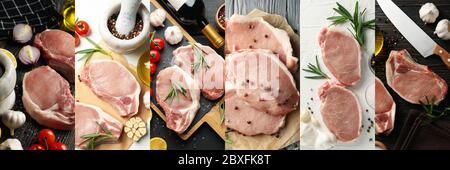 Food Collage aus rohem Fleisch für Steak. Leckeres Fleisch Stockfoto