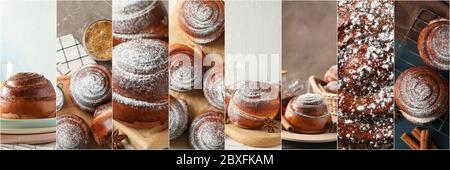 Food Collage aus leckeren Zimtrollen mit Puderzucker. Köstliches Dessert Stockfoto