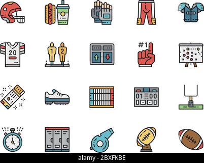 Set von American Football Colour Line Icons. Uniform, Helm, Stoppuhr und mehr. Stock Vektor