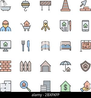 Satz von Immobilien Farbe Linie Symbole. Badezimmer, Verkehrskegel, Barriere und mehr Stock Vektor