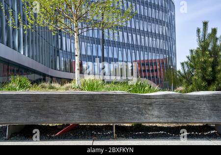 Holzbank und modernes Gebäude im Hintergrund Stockfoto