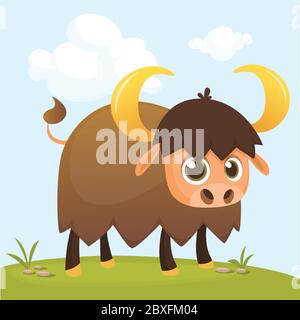 Vektorgrafik von Cartoon Buffalo oder Bison auf der Wiese stehen Stock Vektor