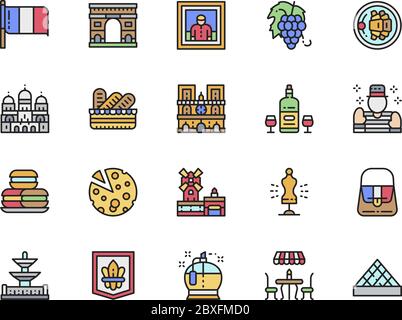 Satz von Symbolen für die flache Farblinie der französischen Kultur. Alkohol, MIME, Macarons und mehr. Stock Vektor