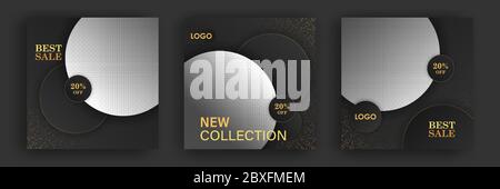 Editierbare quadratische abstrakte geometrische Banner Vorlage für Social Media Post. Goldgelb abgerundete Form mit schwarzem und weißem Hintergrund. Minimalistisches Design Stock Vektor