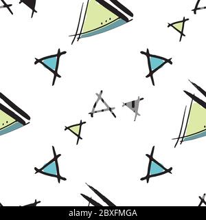 Kindliche Dreiecke skizziert Dreiecke mit blauen und grünen Zentren Hand gezeichnet Vektor nahtlose Wiederholung Muster mit Tinte Doodles. Geschenkpapier, Papier Stock Vektor