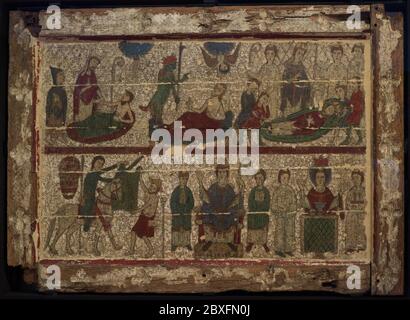 Altar frontal zeigt Szenen aus dem Leben des Heiligen Martin von Tours. Romanischer Stil. Lleida-Werkstatt. Polychromierte Platte. Santa Maria de Palau de Rialb (Provinz Lleida, Katalonien, Spanien). Letztes Drittel des 13. Jahrhunderts. Museum für Pilgerfahrt und Santiago. Santiago de Compostela, Galicien, Spanien. Stockfoto