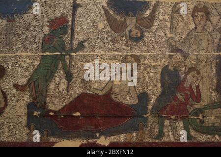 Altar frontal zeigt Szenen aus dem Leben des Heiligen Martin von Tours. Detail. Der Teufel, der dem heiligen erscheint. Romanischer Stil. Lleida-Werkstatt. Polychromierte Platte. Santa Maria de Palau de Rialb (Provinz Lleida, Katalonien, Spanien). Letztes Drittel des 13. Jahrhunderts. Museum für Pilgerfahrt und Santiago. Santiago de Compostela, Galicien, Spanien. Stockfoto