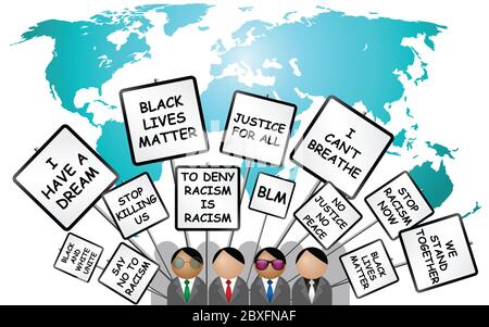Die internationale Menschenrechtsbewegung Black Lives Matter mit Menschen, die friedlich auf der Weltkarte demonstrieren Stockfoto