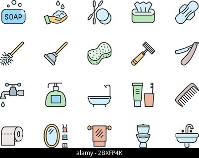Satz von Symbolen für flache Hygiene-Farblinien. Badewanne, Tampon, Toilettenstößel und mehr Stock Vektor