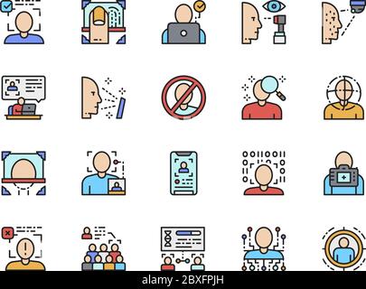 Satz von Farbsymbolen für die Gesichtserkennung. ID-Verifizierung, Fingerabdruck und mehr. Stock Vektor