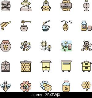 Satz von Honey Flat Color Line Icons. Imker, Apiary, Bienenstock und mehr. Stock Vektor