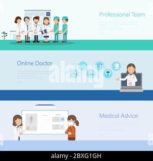Satz von medizinischen Bannern mit Ärzten und Patienten flaches Design Vektor-Illustration Stock Vektor