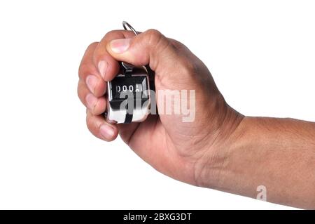 Handgehaltener Tally-Zähler auf weißem Hintergrund isoliert. Stockfoto