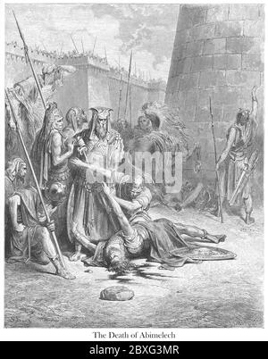 Tod von Abimelech [König von Sichem] Richter 9:52-53 aus dem Buch 'Bible Gallery' illustriert von Gustave Dore mit Erinnerungen an Dore und beschreibende Brief-Presse von Talbot W. Chambers D.D. Herausgegeben von Cassell & Company Limited in London und gleichzeitig von Mame in Tours, Frankreich im Jahr 1866 Stockfoto