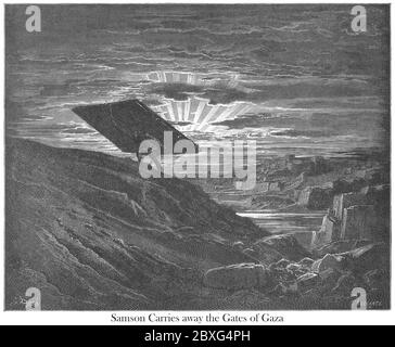 Samson die Tore von Gaza wegtragen Richter 16:3 aus dem Buch 'Bibelgalerie' illustriert von Gustave Dore mit Erinnerungen an Dore und beschreibende Buchpresse von Talbot W. Chambers D.D. Herausgegeben von Cassell & Company Limited in London und gleichzeitig von Mame in Tours, Frankreich im Jahr 1866 Stockfoto