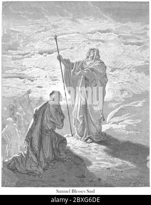 Samuel Blessing Saul 1 Samuel 9:21 aus dem Buch 'Bible Gallery' illustriert von Gustave Dore mit Erinnerungen an Dore und beschreibende Buchpresse von Talbot W. Chambers D.D. Herausgegeben von Cassell & Company Limited in London und gleichzeitig von Mame in Tours, Frankreich im Jahr 1866 Stockfoto