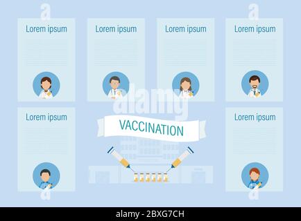 Impfung Infografik mit Ärzten halten Spritzen mit Impfstoff flache Design Vektor-Illustration Stock Vektor