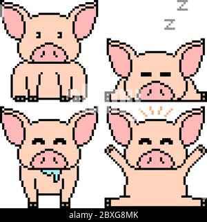 vektor Pixel Art Set Pig isoliert Stock Vektor