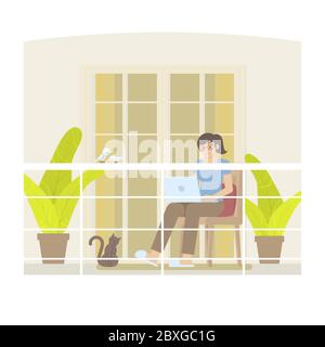 Junge Frau in Freizeitkleidung zu Hause mit Laptop-Computer auf Balkon mit Geländer, Tür, Vorhang, Kissen, Pflanze, Katze und Vögel in flachem carto arbeiten Stock Vektor