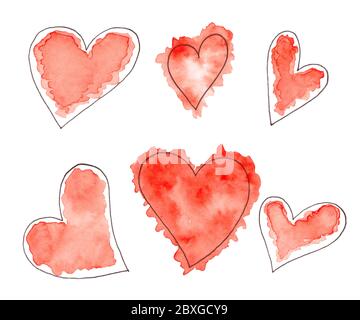 Set von abstrakten Aquarell Skizze roten Herzen Stockfoto