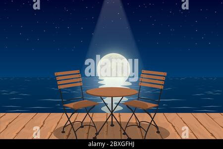 Cafe im Freien am Strand in der Nacht Stock Vektor