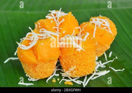 Toddy Palm Cake ist ein köstlicher Kuchen im thailändischen Stil. Es war ein schöner gelber Kuchen. Stockfoto