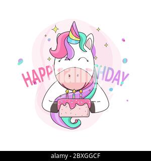 Süße Einhörner wie eine Überraschung Geburtstag. Geburtstagskuchen Stock Vektor